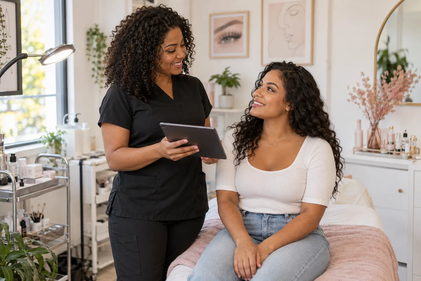 Lash designer com tablet conversa com uma cliente em um studio de cílios