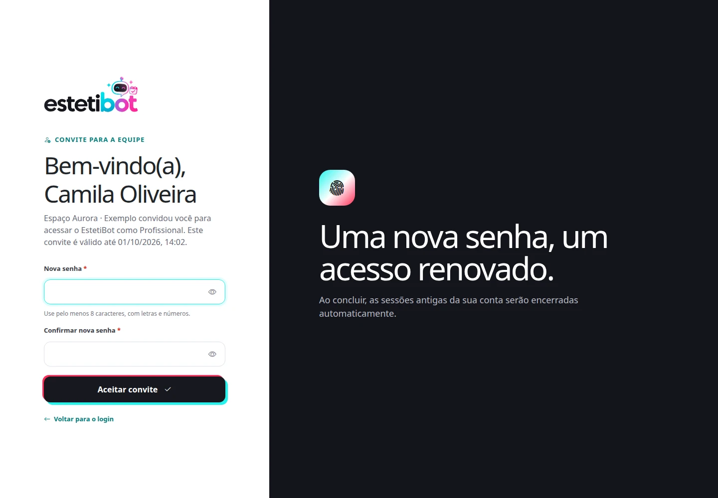 Tela de ativação do convite demonstrativo. Tela real com dados fictícios.