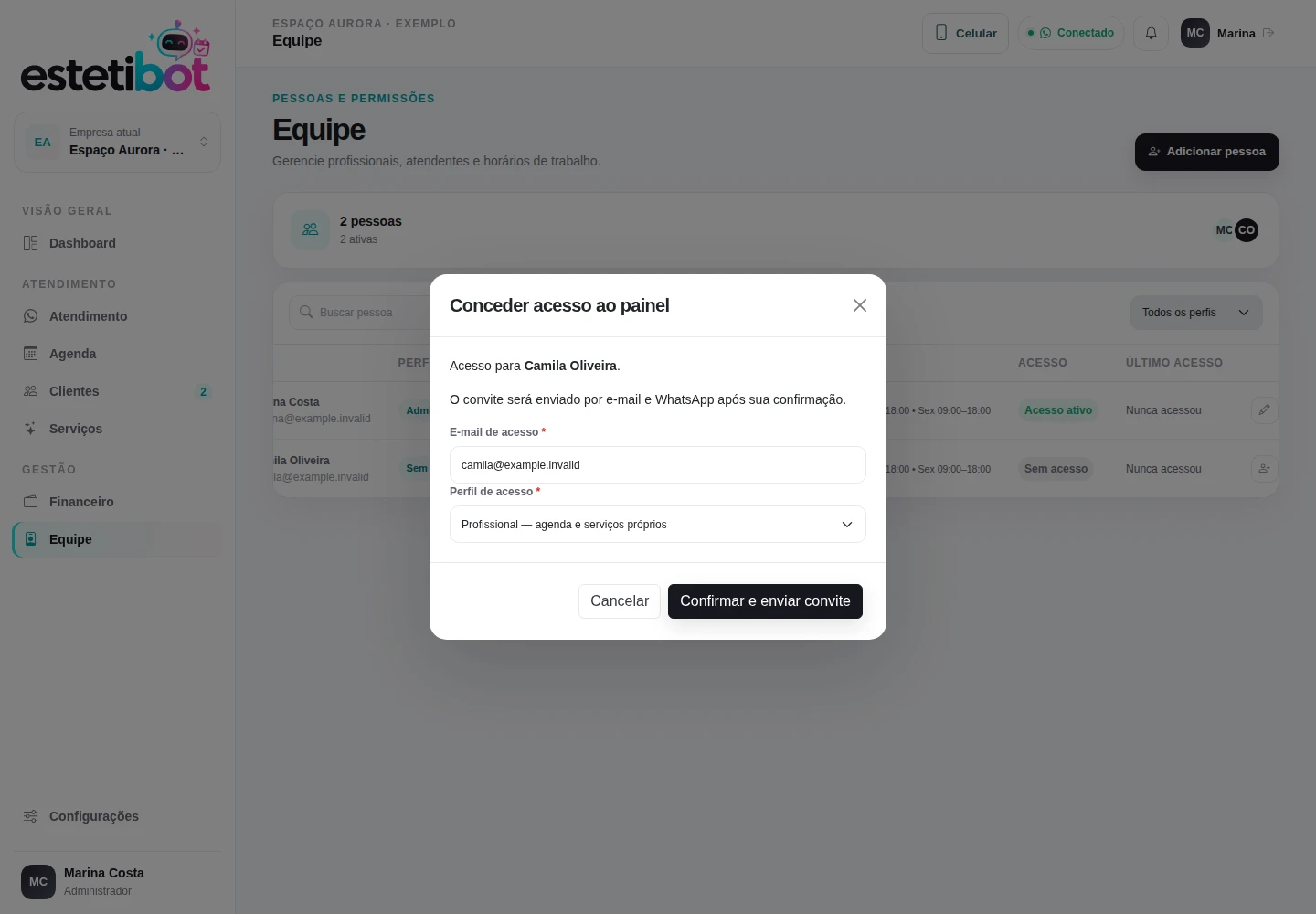 E-mail, perfil e confirmação do convite. Tela real com dados fictícios.