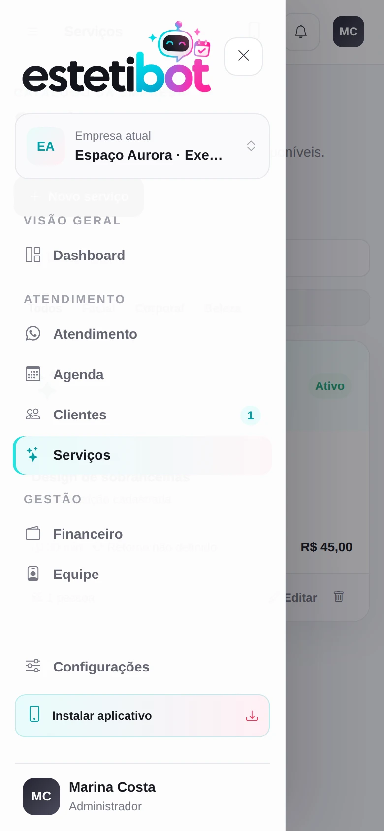 Menu do painel: encontre Serviços e Equipe. Tela real com dados fictícios.
