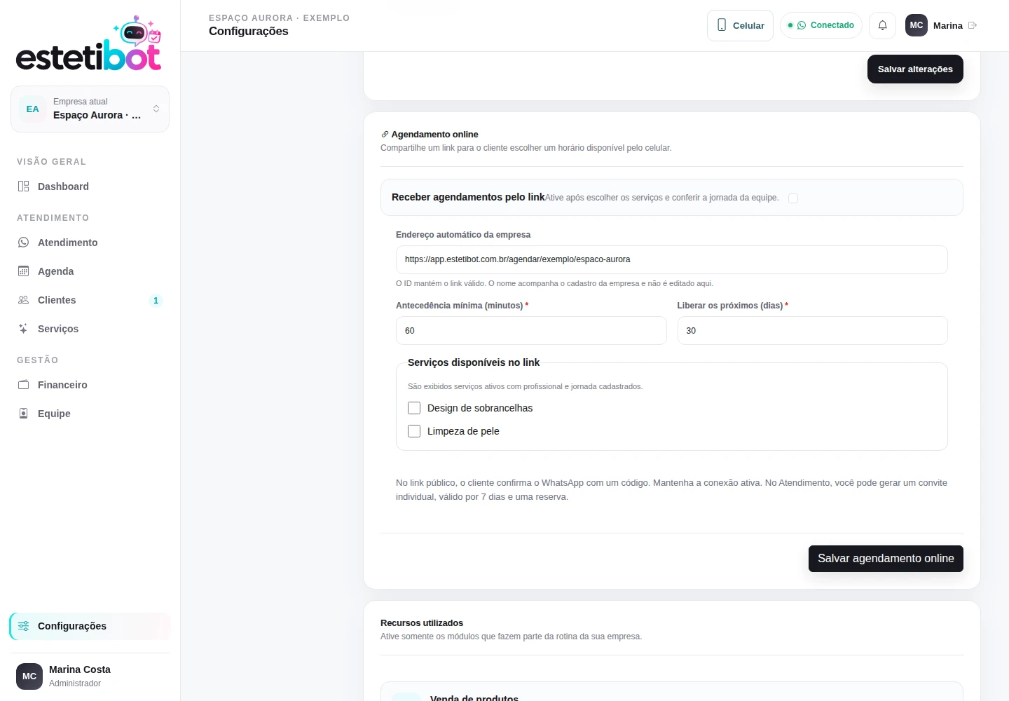Endereço automático e regras de antecedência. Tela real com dados fictícios.