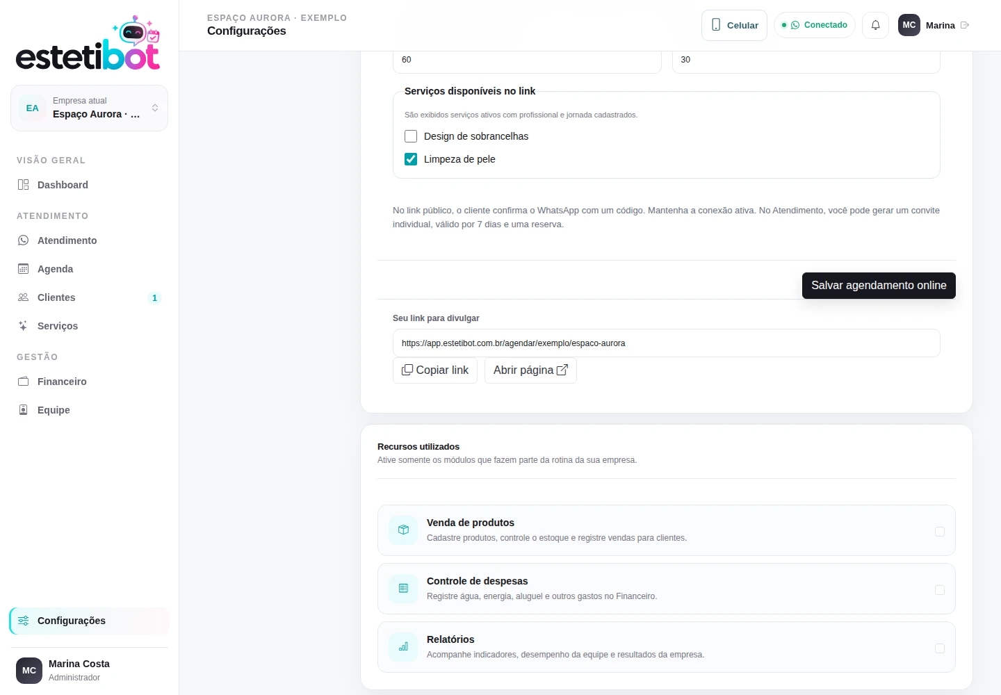 Link para divulgar, Copiar link e Abrir página. Tela real com dados fictícios.