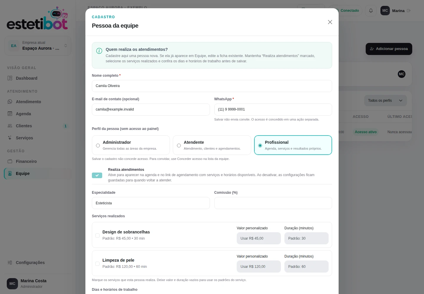 Perfil Profissional e opção Realiza atendimentos. Tela real com dados fictícios.